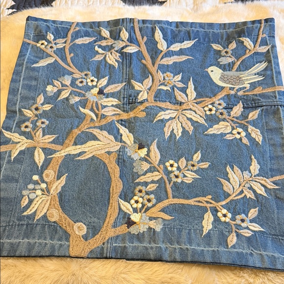 Pottery Barn Embroidered Denim Pillow Cover with Bird Design. Beautiful